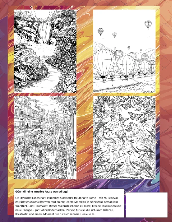 Landschaften, Städte & Träume-Malbuch Cover Rückseite groß, vier schwarz weiße Beispielbilder aus dem Buchinhalt mit Landschaft und Fluss, Heißluftballone, Karneval Umzug, bunte Vögel im Wald, und ein abstrakter bunter Hintergrund