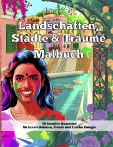 Landschaften, Städte & Träume-Malbuch Cover klein, Vorderseite indische Frau bei Holi Farbfestival, mediterrane Küstenstadt mit kleinem Hafen und ein Rosenbogen mit Rosen