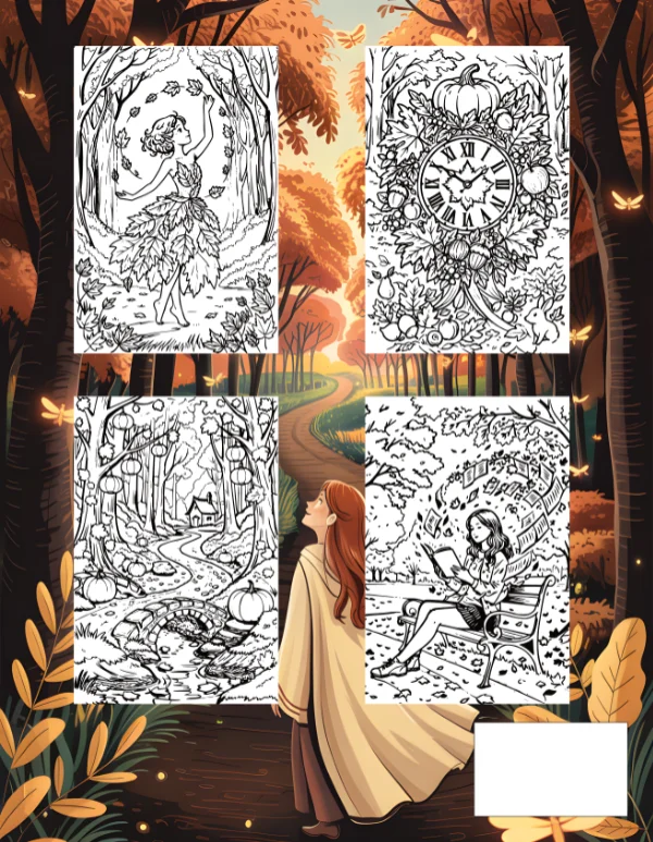 Großes Bild, Cover Rückseite des Magische Herbstwelten - Malbuch mit vier Schwarz / Weiß Beispielbildern aus dem Buch mit einer Herbstfee, einer Uhr mit Herbstlaub geschmückt im Wald, einem Weg über eine Brücke und durch einen Wald, der mit Kürbissen beleuchtet wird, eine Frau die auf einer Parkbank sitzt und in einem Buch liest, während Seitenblätter magisch um sie herum schwirren.