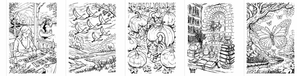 5 Beispiel-Ausmalseiten aus dem Malbuch für Erwachsene mit dem Titel Magische Herbstwelten. Darunter Malbuchseiten mit herbstlichen Szenen mit einer Tarotkarten-Leserin auf einer Veranda an einem See, Kraniche im Sonnenuntergang, Katzen im Kürbisfeld, eine alte Hexenbibliothek und Schmetterlinge aus Herbstlaub