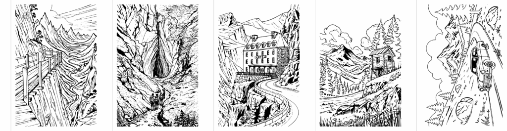 5 Beispiel-Ausmalseiten aus dem Malbuch für Erwachsene mit dem Titel Besuche die Alpen. Darunter Malbuchseiten mit einem Steg am Berghang, ein Höhleneingang, das Berghotel, der alpine Hochstand und die Gebirgsstraße mit Auto.