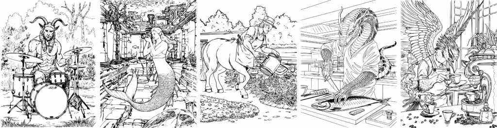 5 Beispiel-Ausmalseiten aus dem Malbuch für Erwachsene mit dem Titel Fabelwesen bei der Arbeit. Darunter Malbuchseiten mit einem Satyr als Musiker, eine Nixe als Fotografin, ein Zentaur als Gärtner, ein Naga als Koch und ein Phönix als Barista.