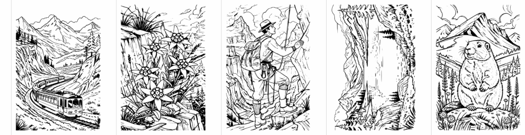 5 Beispiel-Ausmalseiten aus dem Malbuch für Erwachsene mit dem Titel Besuche die Alpen. Darunter Malbuchseiten mit einer Gebirgsbahn, natürlich ein Edelweiß, einem Bergsteiger der 1900er Jahre, ein Alpiner Bergsee im Querformat und ein Murmeltier.