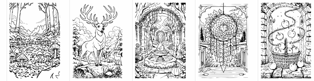 5 weitere Beispiel-Ausmalseiten aus dem Malbuch für Erwachsene mit dem Titel Magische Herbstwelten. Darunter Malbuchseiten mit Herbst Szenen mit  magischen Pilzen, Hirsch mit goldenem Geweih, Brunnen, Traumfänger und magischer Apfelkorb