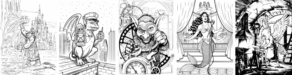 5 Beispiel-Ausmalseiten aus dem Malbuch für Erwachsene mit dem Titel Besuche die Alpen. Darunter Malbuchseiten mit ein Frostriese als Eiskünstler, ein Gargoyle als Nachtwächter, ein Kobold als Uhrmacher, eine Sirene als Sängerin und Feuervogel als Schmied.