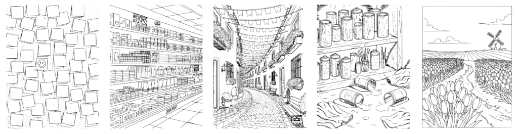 5 Beispiel-Ausmalseiten aus dem Malbuch für Erwachsene mit dem Titel Landschaften, Städte & Träume. Darunter Malbuchseiten mit Klebe-Notizen, Supermarktregal, Straße mit bunten Wimpel, Farb und Lack Dosen, Tulpenfelder