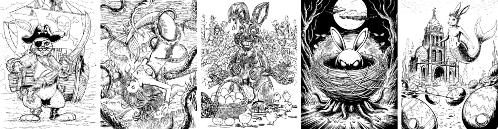 5 Beispiel-Ausmalseiten aus dem Malbuch für Erwachsene mit dem Titel Gruselige Ostern. Darunter Malbuchseiten mit Osterhasen Pirat, Meerjungfrau in Nöten, schmelzender Schokohase, düsteres Nest, Osterhasen-Meerjungfrau