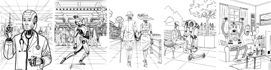 Roboter als Arzt mit Spritze, als Tänzer, als Paar beim Spaziergang, als Sanitäter und als Fußballfan