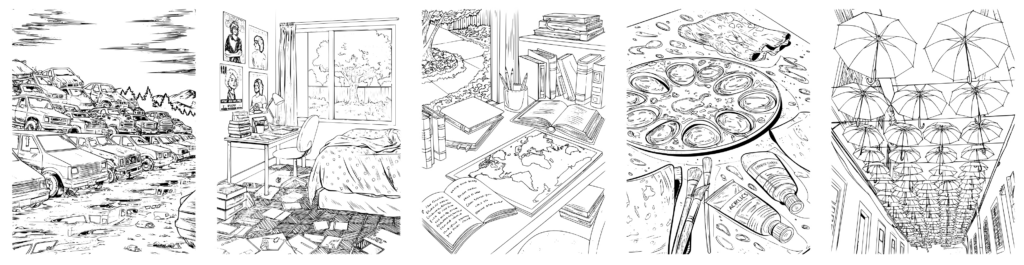 5 Beispiel-Ausmalseiten aus dem Malbuch für Erwachsene mit dem Titel Landschaften, Städte & Träume. Darunter Malbuchseiten mit einem Schrottplatz, ein Jugendzimmer, ein Lernplatz mit Bücher, Künstler Maler Utensilien, eine Gasse mit bunten Regenschirmen als Dach