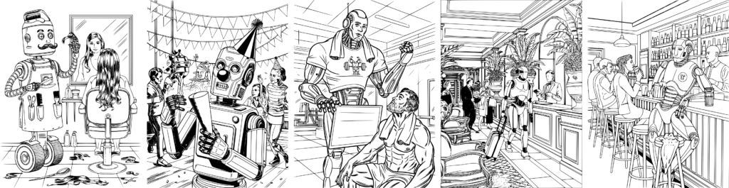 Roboter als Friseur, bei einer Party, als Fitness-Coach, als Hotelgast und am Abend an der Bar