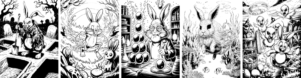 5 Beispiel-Ausmalseiten aus dem Malbuch für Erwachsene mit dem Titel Gruselige Ostern. Darunter Malbuchseiten mit Osterhasen Totengräber, Zombiehasen, Magier-Hase, Unterwasser-Zombie-Hase, Alien-Kücken