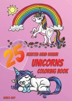 Small front cover of the 25 cute hand-drawn unicorns coloring book featuring two unicorns, a rainbow, and flowers