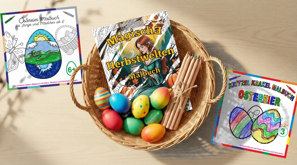 Holz Tischplatte mit einem geflochtenen Oster-Korb in der Mitte mit dem Magische Herbstwelten Malbuch für Erwachsene und ein paar bunt gefärbte Ostereier und ein zusammen gebundenes Bündel Buntstifte. Links daneben liegt das Ostereier Malbuch für Jungs und Mädchen ab 6 und rechts neben dem Korb das Kritzel Krakel Malbuch Ostereier ab 2