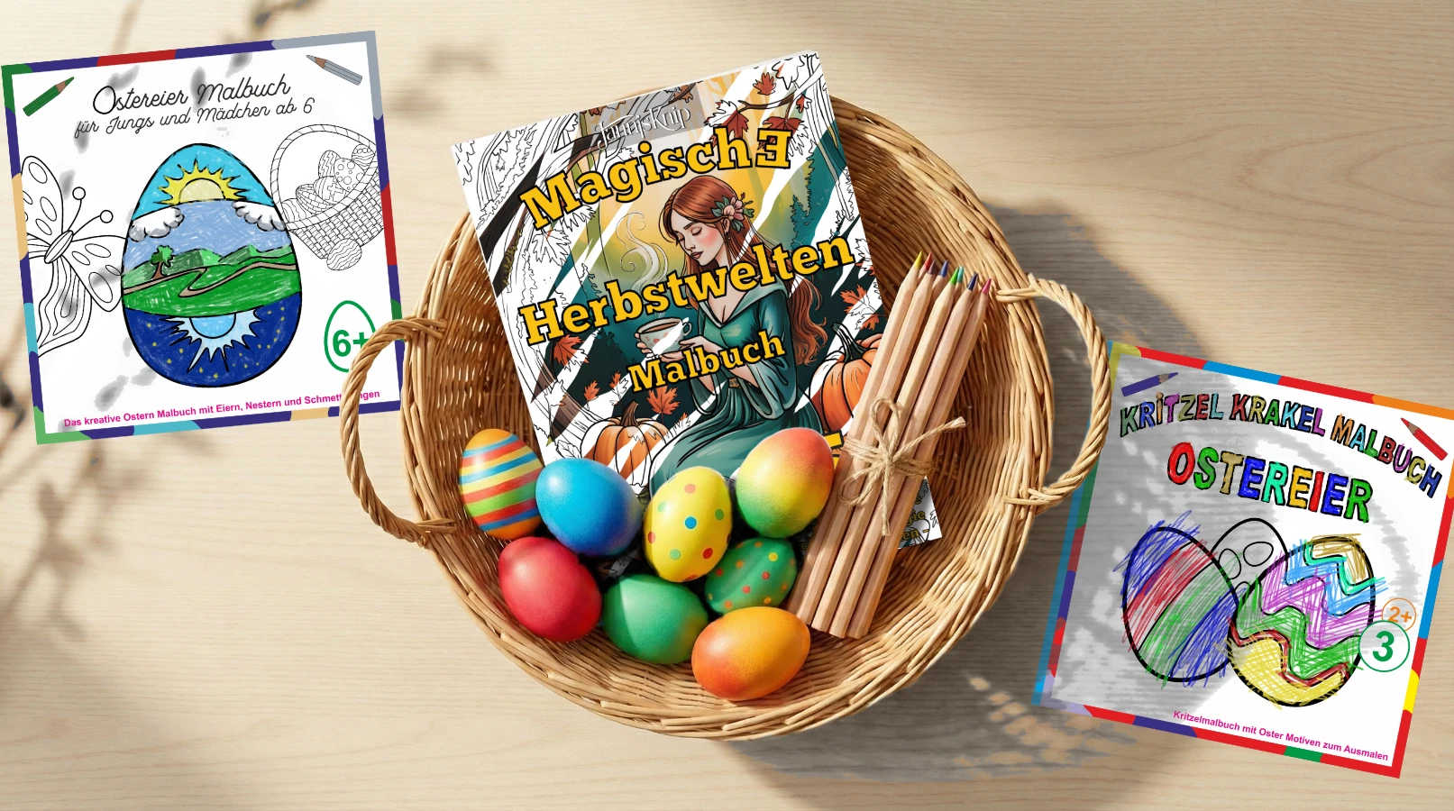 Holz Tischplatte mit einem geflochtenen Oster-Korb in der Mitte mit dem Magische Herbstwelten Malbuch für Erwachsene und ein paar bunt gefärbte Ostereier und ein zusammen gebundenes Bündel Buntstifte. Links daneben liegt das Ostereier Malbuch für Jungs und Mädchen ab 6 und rechts neben dem Korb das Kritzel Krakel Malbuch Ostereier ab 2