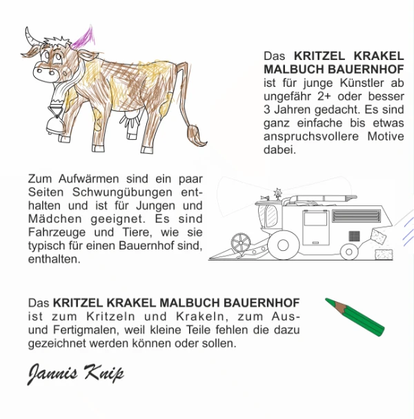 Kritzel Krakel Malbuch Bauernhof ab 2 Jahren Kinder Anfänger Cover Rückseite mit Kuh und Mähdrescher