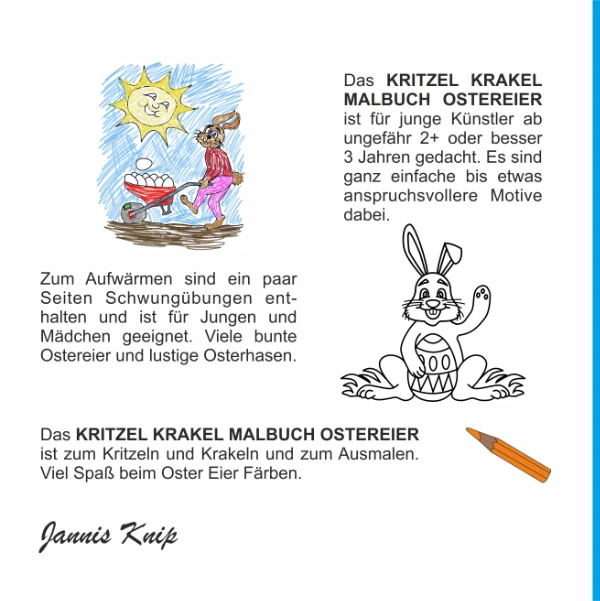 Kritzel Krakel Malbuch Ostereier ab 2 Jahren Kinder Anfänger Cover Rückseite mit Osterhase mit Schiebetruhe und Osterhase bemalt ein Osterei