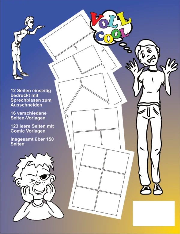 Mein eigenes Comic Buch zum selbst Zeichnen Cover Rückseite mit 5 leeren Beispielseiten mit Rahmen Aufteilung und drei Comic Figuren