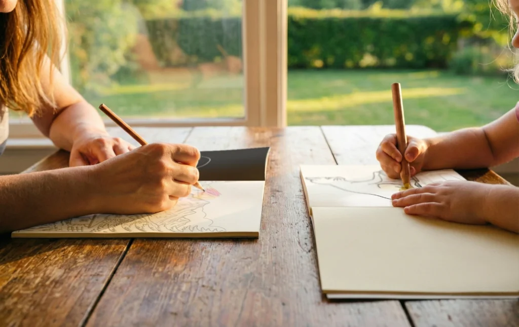 Titelbild paralleles Malen: links junge Frau mit Malbuch für Erwachsene Besuche die Alpen und Malstift und gegenüber ein Kind mit dickem Buntstift malt im Bauernhof Malbuch für Kinder