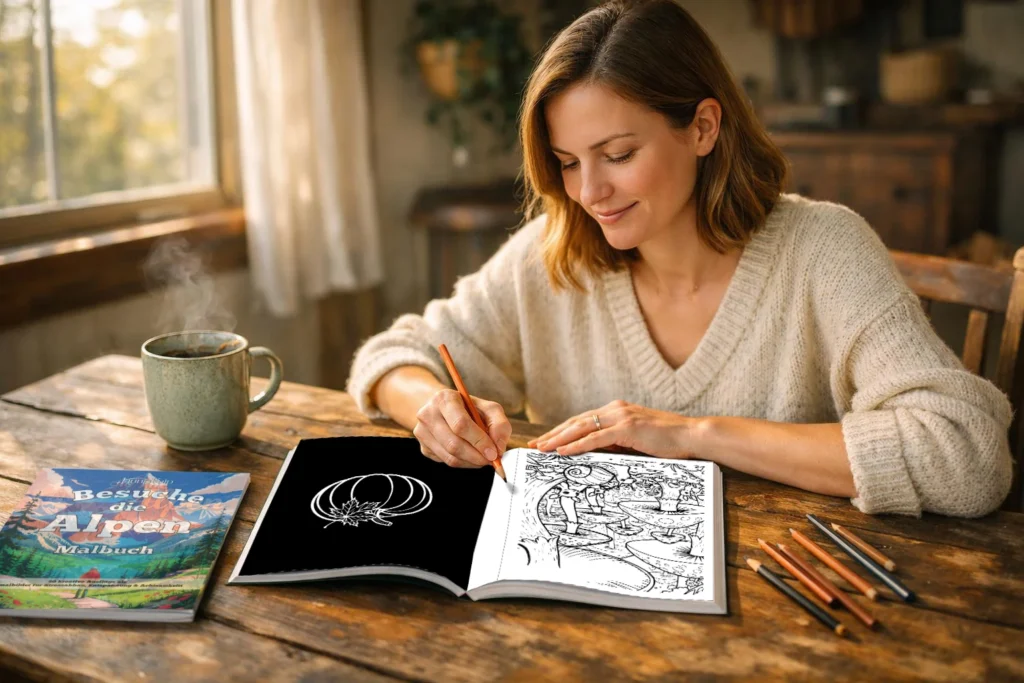 Malen für Erwachsene. Eine entspannte und sichtlich zufriedene Frau sitzt an einem rustikalen Tisch und malt in einem großen Malbuch in einem Ausmalbild. Auf dem Tisch liegt noch ein zugeschlagenes Ausmalbuch mit dem Titel „Besuche die Alpen Malbuch“. Daneben steht eine Tasse dampfender Tee.
