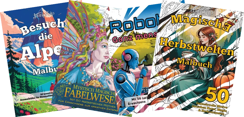 Auswahl an Jannis Knip Malbücher für Erwachsene mit Besuche die Alpen, Mystisch magische Fabelwesen, Roboter ganz menschlich und Magische Herbstwelten