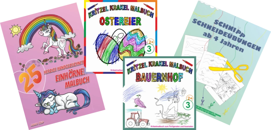 Auswahl an Jannis Knip Kinderbücher mit 25 Einhörner Malbuch, Kritzelbuch Ostereier, Kritzel Krakel Malbuch Bauernhof und das Mitmachbuch Schnipp Schneideübungen