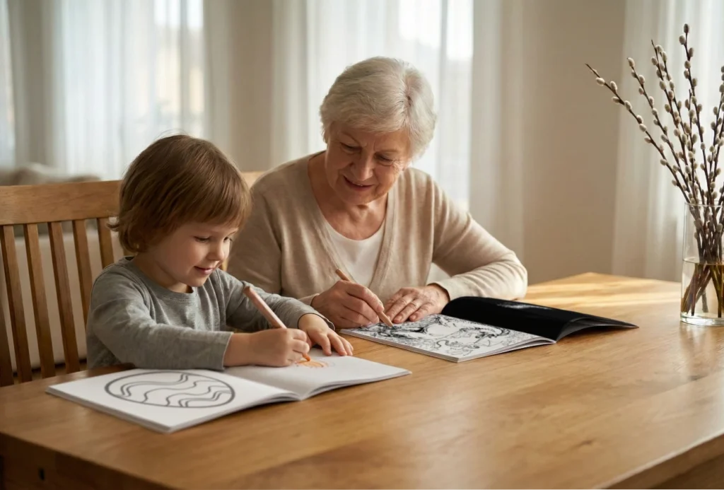 Oma und das Enkelkind sitzen nebeneinander und malen parallel jeweils in einem für sie passenden Malbuch für Kinder oder Senioren