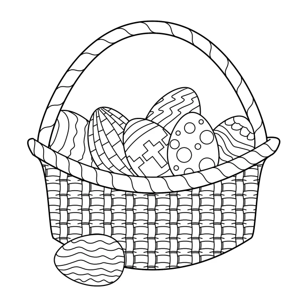 Ostereier Malbuch für Jungs und Mädchen ab 6 Jahren Seite 59 geflochtener Korb mit Ostereier mit verschiedenen Muster