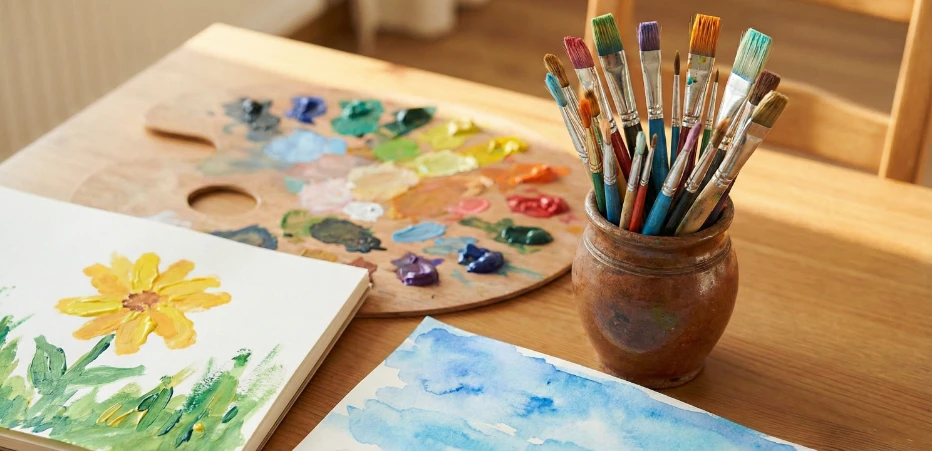 Fingerfarben, Wasserfarben, Aquarellfarben, Pinsel, ein Finger Farben Bild und ein Wasser Farben Bild mit Blume und Himmel